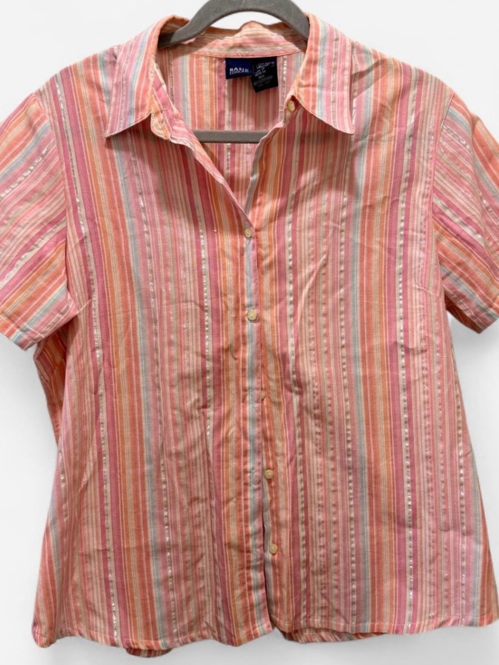 Vintage Y2K Basic Editions Striped Shimmer Button Short Sleeve Top Women’s Large